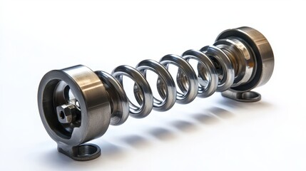 A close-up of an engine valve spring with a piston and rod assembly on a white isolated background