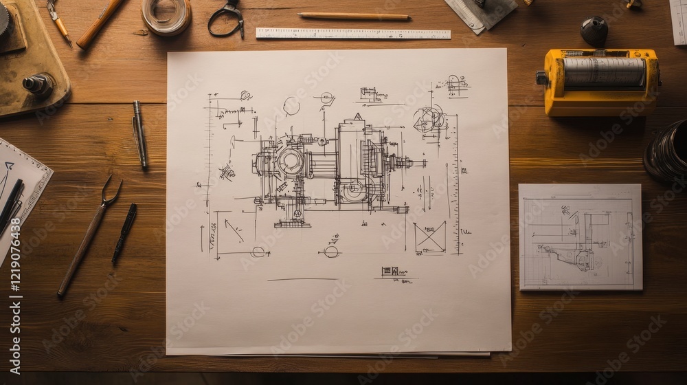 Poster a blueprint of a complex industrial machine on a clean desk with drafting tools.