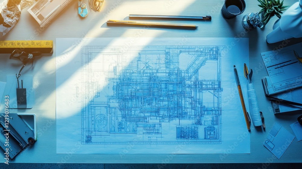 Poster a blueprint of a complex industrial machine on a clean desk with drafting tools.