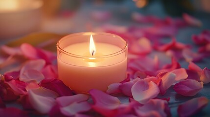 A close-up of a lit candle surrounded by flower petals on a meditation altar