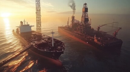 Fototapeta premium A cargo ship anchored near an oil rig in the middle of the ocean.