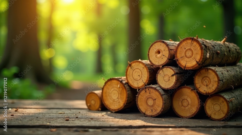 Poster Sunlight illuminates a stack of neatly arranged logs resting on a rustic wooden surface in a serene forest setting.