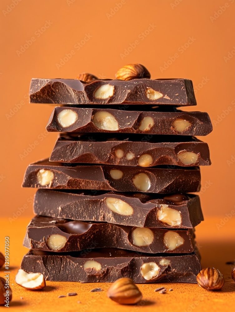Poster a stack of chocolate with hazelnuts, placed on an orange background. the bar is cut into small piece