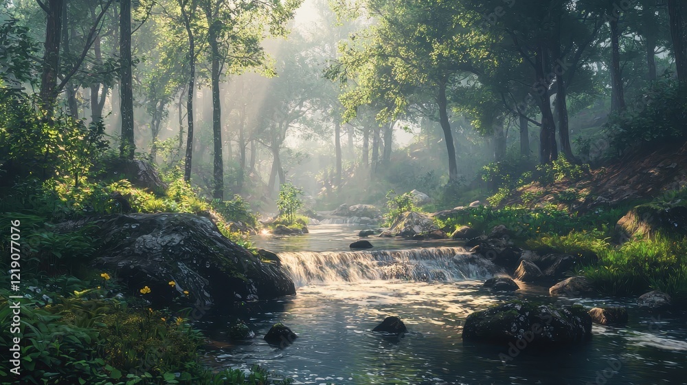 Poster Serene Flowing Stream Through Lush Forest with Gentle Light Filtering Amidst Symmetrical Trees