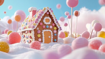 Whimsical Gingerbread House Surrounded by Colorful Candy in a Fantasy Landscape