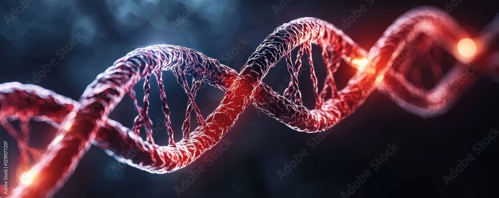 Poster a vibrant representation of a dna double helix, showcasing intricate strands illuminated in red agai