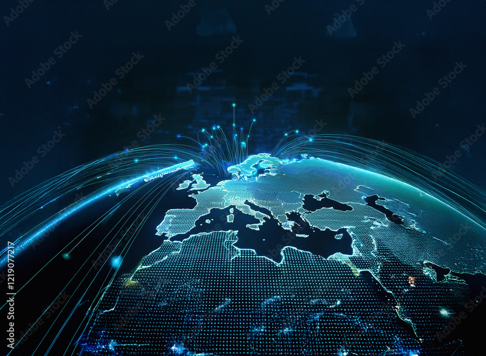 Aufkleber Abstract glowing digital Earth with data streams emphasizing Europe.  Global connectivity, network, digital world, futuristic technology, data flow visualized.