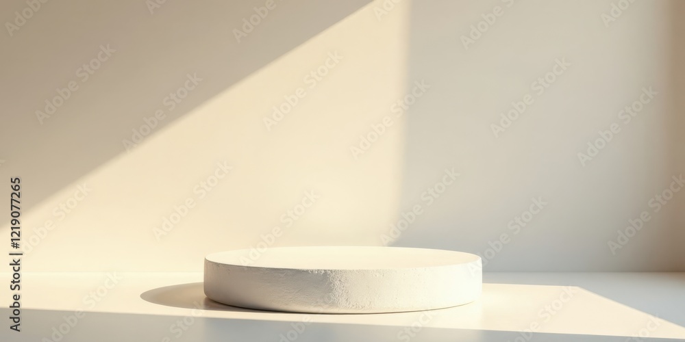 Poster simple white circular pedestal in soft sunlight with shadow play on a neutral background