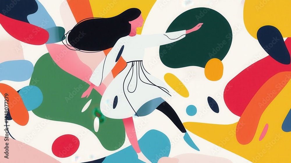 Poster abstract dance of a girl in a whirlwind of colorful shapes and forms capturing movement and grace
