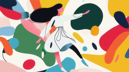 Naklejka premium Abstract Dance of a Girl in a Whirlwind of Colorful Shapes and Forms Capturing Movement and Grace