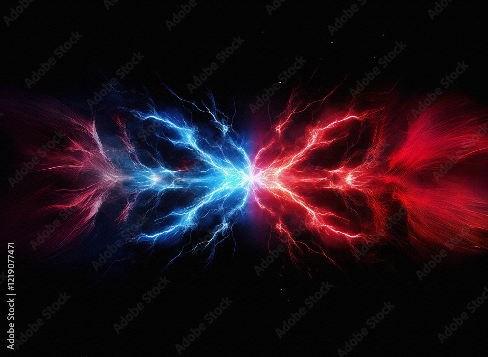 Poster a mesmerizing clash of icy blue and fiery red energy, swirling and colliding in a dark void. the vib