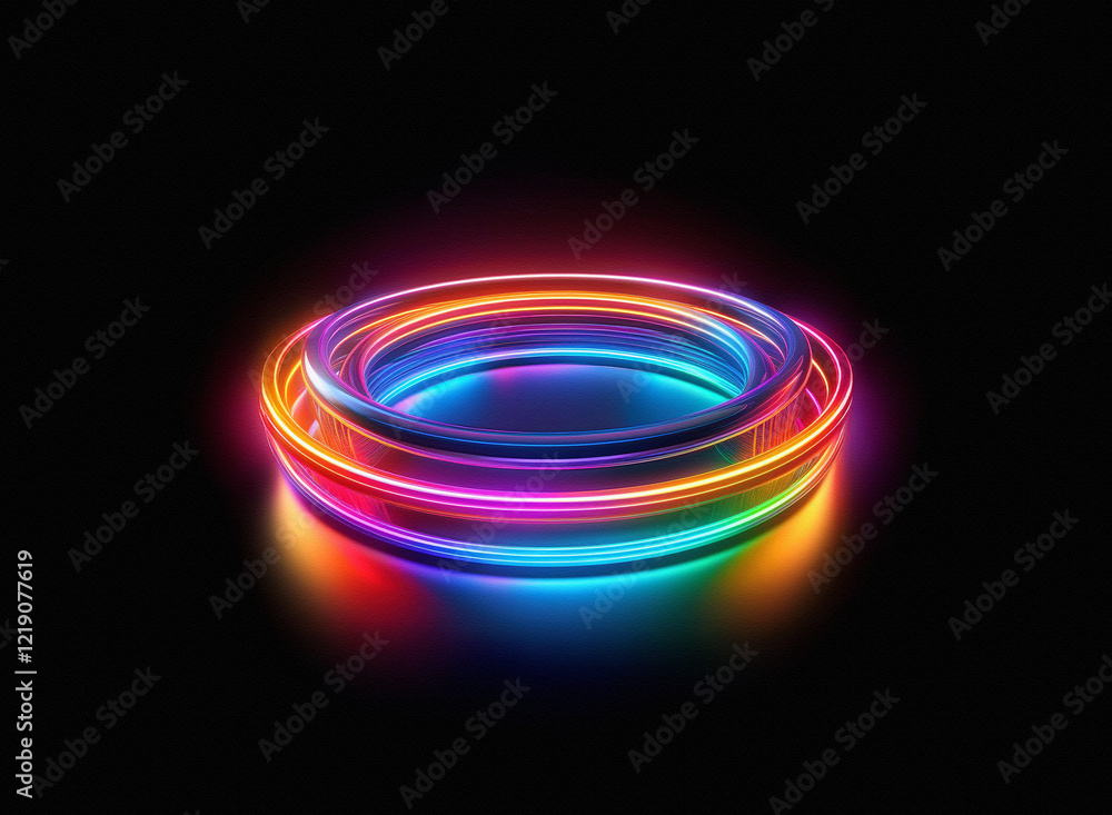 Poster Vibrant, multicolored neon rings glow on a dark background, creating a futuristic, circular platform with a reflective surface.  The concentric circles radiate energy and light.
