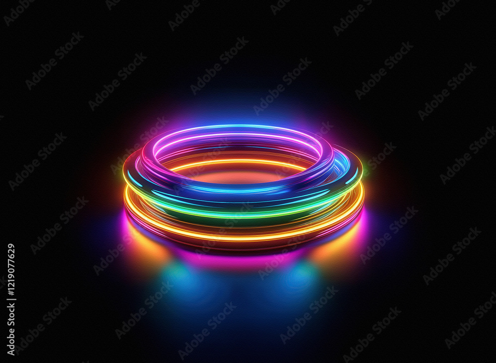 Aufkleber vibrant, stacked neon rings glow on a reflective black surface. the multicolored circles create a vi