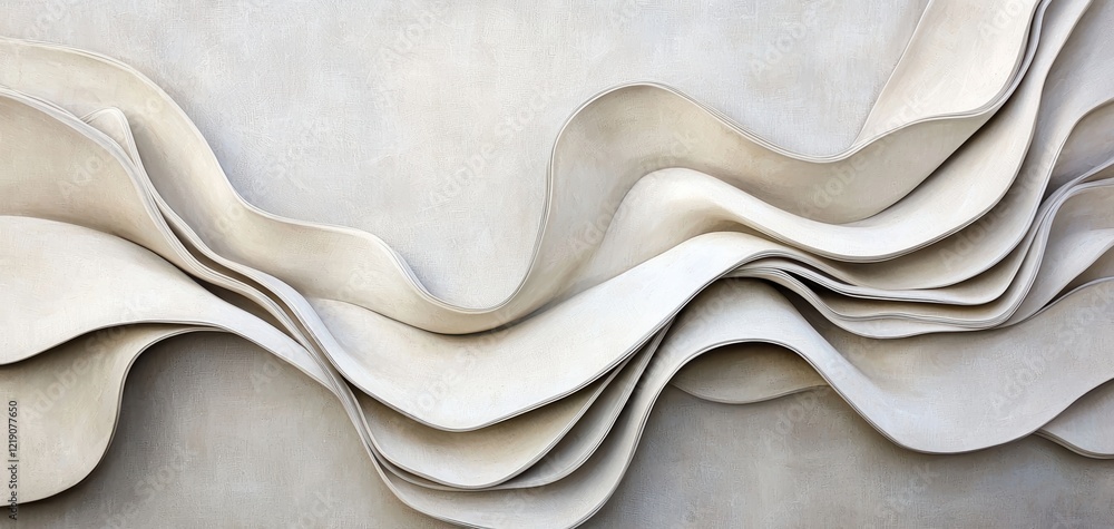 Poster a soft, textured display of layered, wavy forms in neutral tones, creating a serene and elegant visu