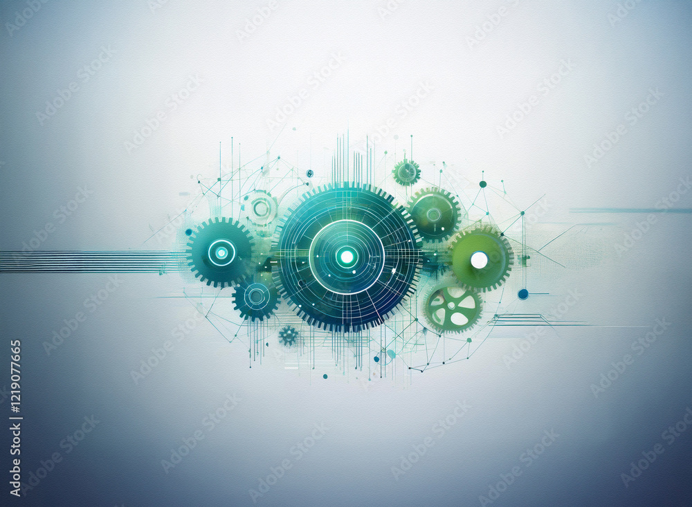 Leinwandbilder abstract illustration of interconnected gears in teal and green hues against a light gray background