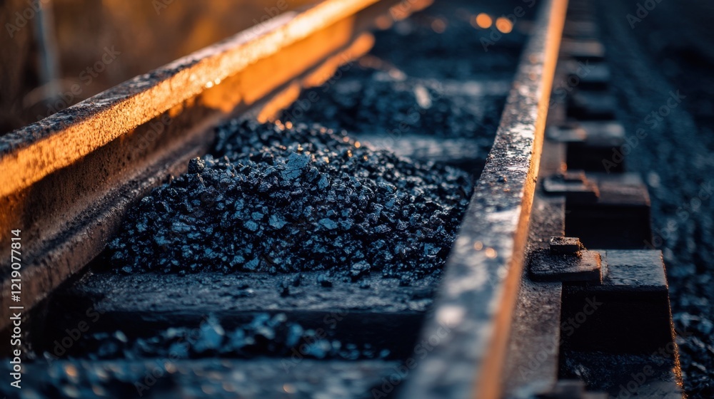 Poster a close-up of coal chunks on a conveyor belt moving into a storage area for processing.