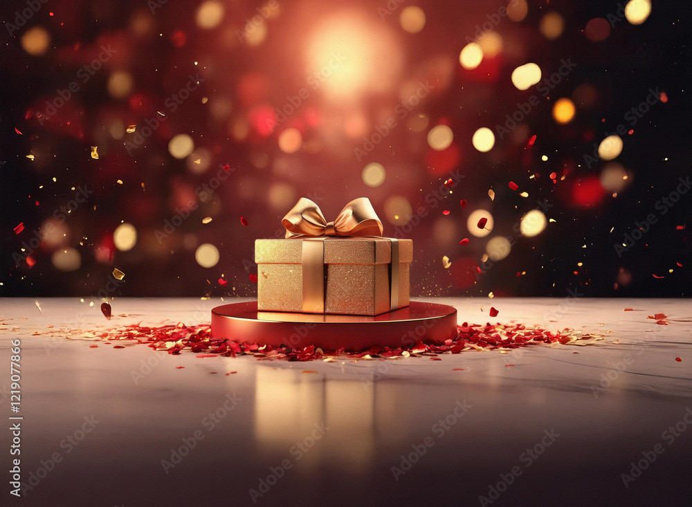 Poster a golden gift box with a red ribbon sits on a red circular platform, surrounded by red and gold conf