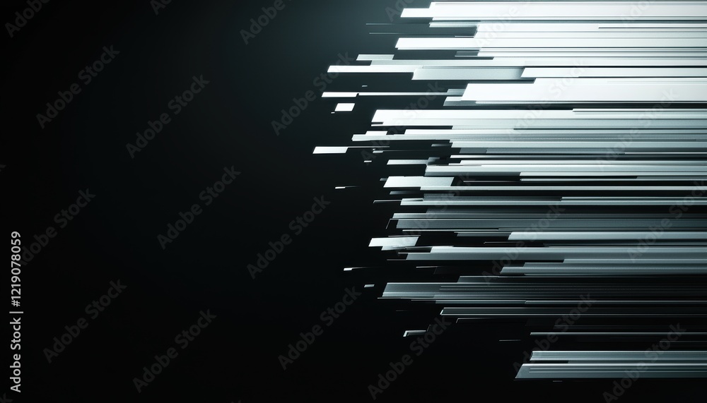 Poster abstract design featuring dynamic, horizontal lines in shades of gray, creating a sense of motion ag