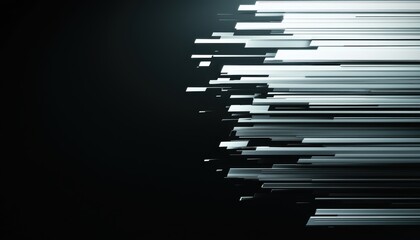 Abstract design featuring dynamic, horizontal lines in shades of gray, creating a sense of motion against a dark background.