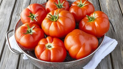 Juicy Red Tomatoes in Metal Colander on Wooden Table