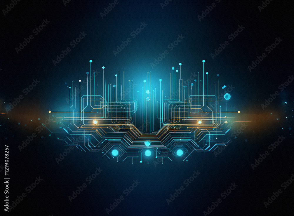 Poster abstract digital artwork depicting a glowing, intricate circuit board design. the central element ra