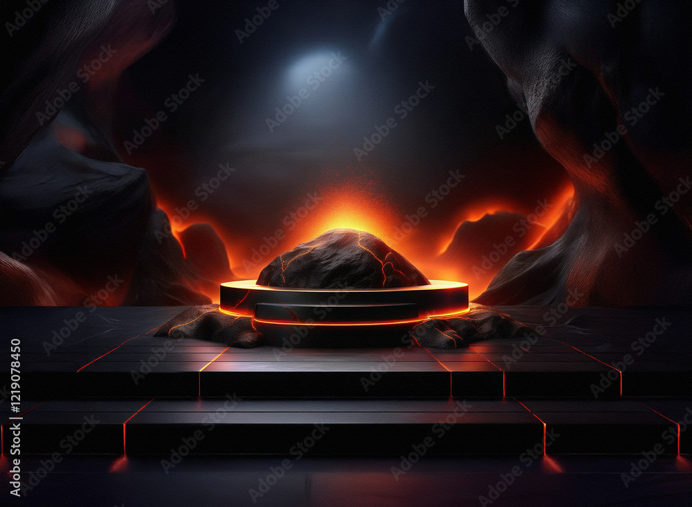 Aufkleber A glowing volcanic rock rests on a dark, futuristic platform within a cavern.  Surrounding it are dark rocks and lava-like glows.  The scene is dramatic and mysterious, lit by an unseen light source.