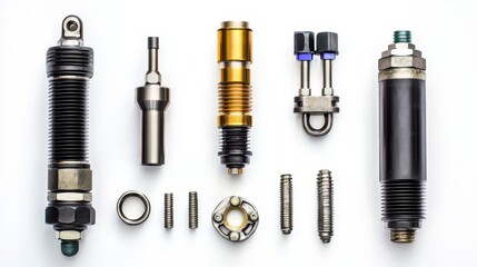 A set of engine oil pressure sensors and fuel injectors on a white isolated background
