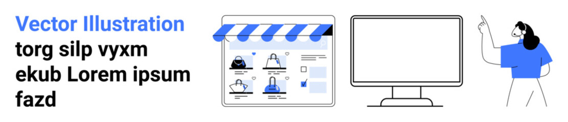 Woman presenting data, online store layout with products, large computer monitor. Ideal for e-commerce, data analysis, business presentations, online shopping, technology demonstrations, educational