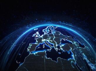 Fototapeta premium A glowing digital representation of Europe, illuminated by bright blue lines, connected to a global network, signifying digital connectivity and technological advancement across the continent.