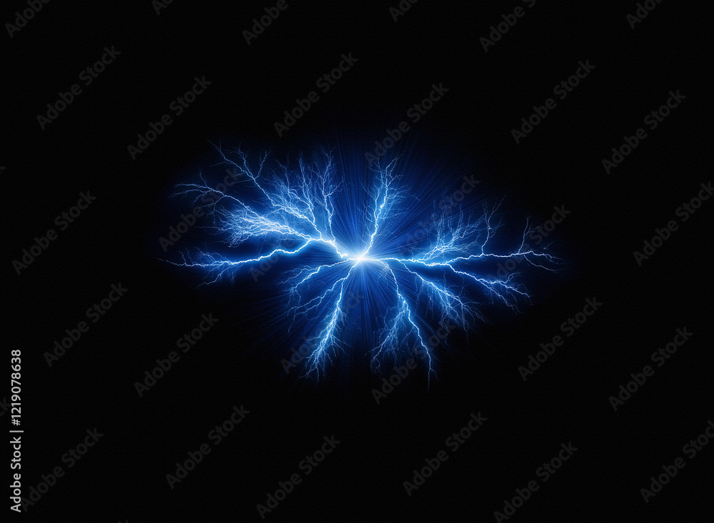 Poster a vibrant blue electrical discharge bursts forth from a central point, radiating outwards in a chaot