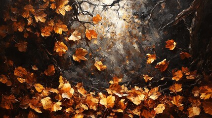 the painting of leaves falling from tree branches is a beautiful autumn scene.