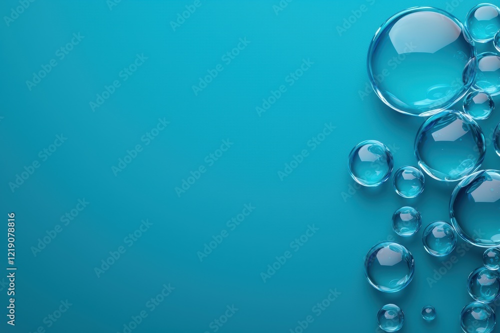Poster a vibrant blue background with various transparent bubbles of different sizes, creating a refreshing