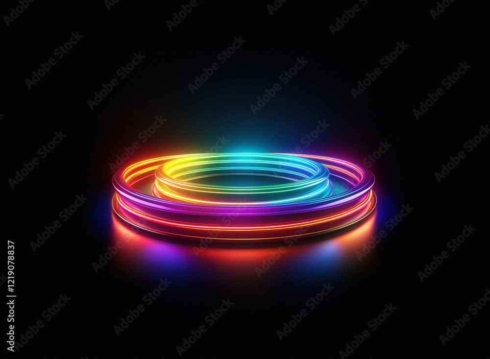 Poster vibrant rainbow neon rings glow on a dark reflective surface. the concentric circles create a captiv