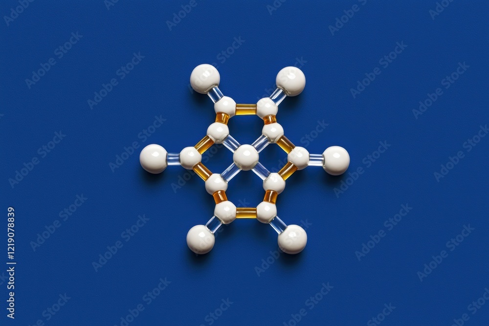 Poster a molecular structure with white and yellow spheres arranged in a symmetrical pattern on a blue back