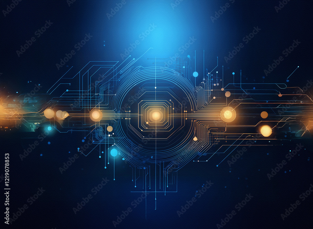 Poster abstract digital illustration featuring glowing circuit board design, nodes, and connecting lines in