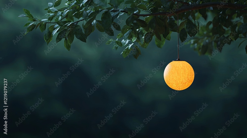 Poster glowing calabash gourd hanging from tree branch in serene natural setting at dusk