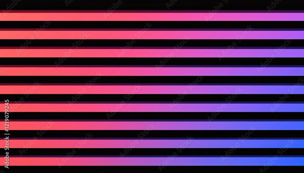 Poster a vibrant design of horizontal stripes transitioning from pink to blue against a black background, c