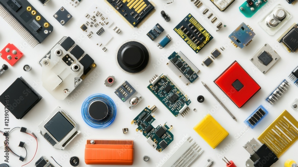 Poster a collection of modern sensors and electronic components on a white workspace.