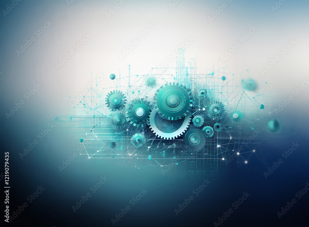 Aufkleber Interconnected teal gears and nodes form a complex network against a blurred blue and white background, suggesting intricate systems and collaboration.