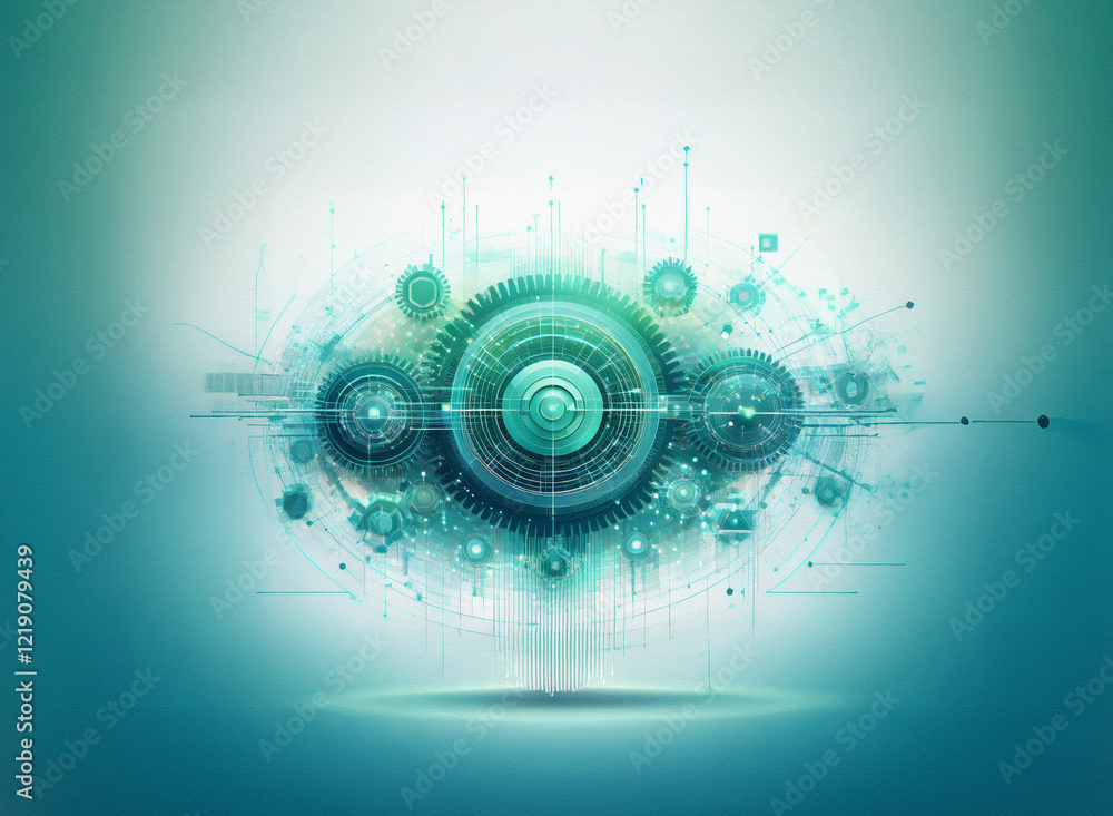 Poster abstract teal and white technological design featuring interconnected gears, circuits, and nodes. ev