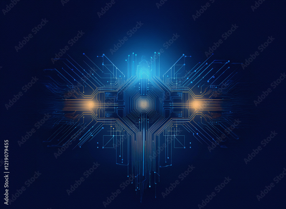 Poster abstract digital artwork depicting a glowing, intricate circuit board design. symmetrical pattern wi