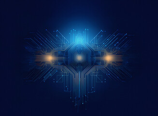 Fototapeta premium Abstract digital artwork depicting a glowing, intricate circuit board design. Symmetrical pattern with blue and orange accents against a dark blue background. Evokes themes of technology, connectivi
