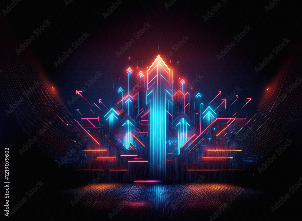 Poster Neon arrows ascend in a vibrant, futuristic scene.  Glowing lines and geometric shapes create a dynamic, upward-moving composition set against a dark background.  The scene evokes feelings of progress