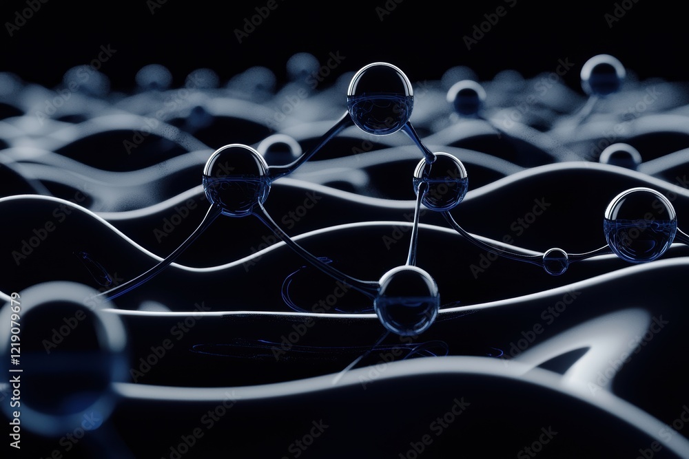 Poster a visually striking representation of interconnected spheres, symbolizing molecular structures and t