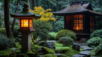A glowing lantern placed near a small shrine in a tranquil garden