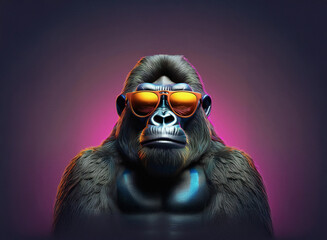 Fototapeta premium A cool gorilla, rendered in 3D, sports stylish orange sunglasses against a vibrant purple and pink background. Its serious expression adds to the image's unique vibe.