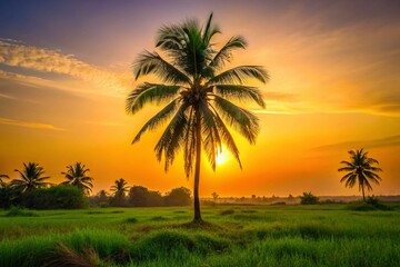 Minimalist Ivory Coast Nature: Lush Green Landscape, Palm Trees, Sunset