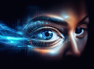 Close-up of a woman's eye, digitally enhanced with glowing blue circuitry and energy trails, suggesting technological augmentation or future vision.