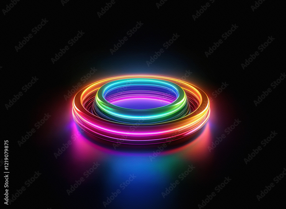 Aufkleber vibrant rainbow neon rings glow on a reflective black surface, creating a captivating, futuristic di