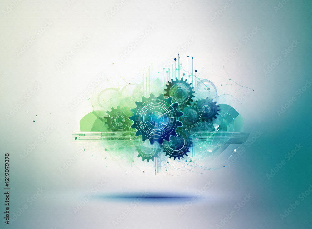 Fototapete abstract digital art depicting interconnected gears within a vibrant green and blue cloud-like form,